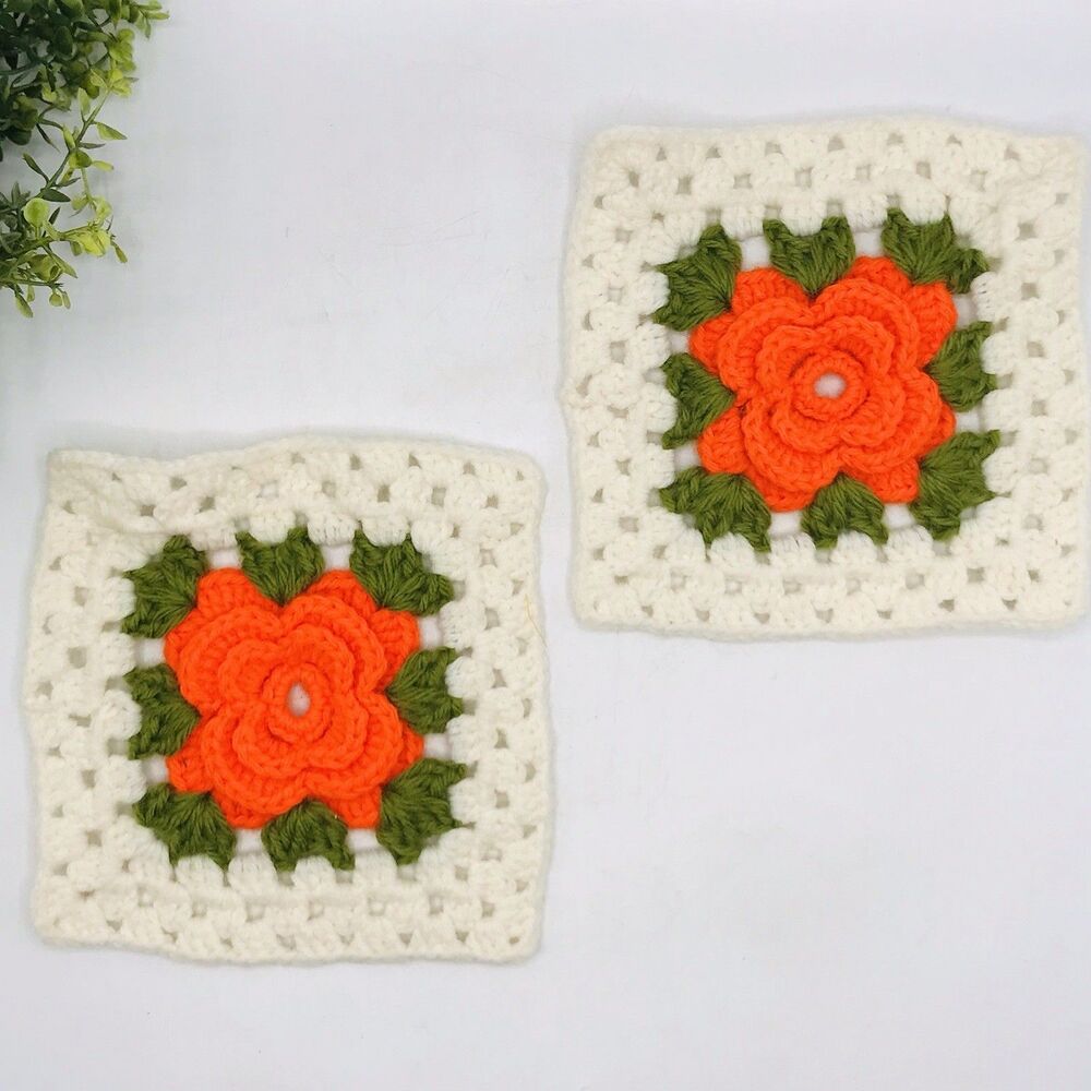 Lot of 2 VTG Handmade Squares Crochet Orange Flower Abandoned Project 7x7 In
